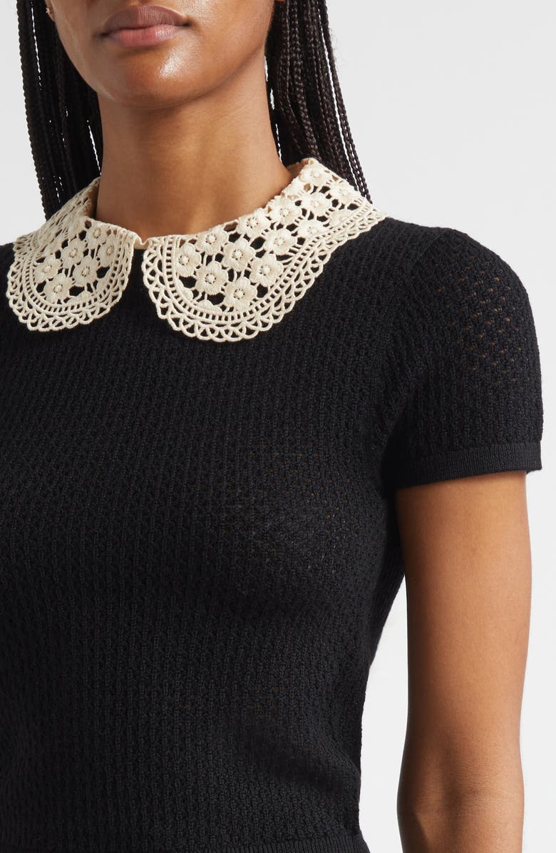 Alice + Olivia Ciara Lace Collar Short Sleeve Wool Blend Sweater, Alternate, color, Black