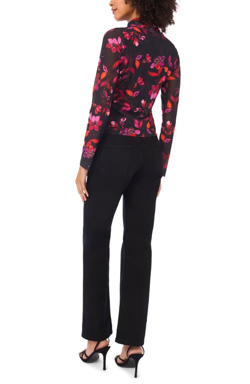 Parker Floral Mesh Mock Neck Long Sleeve Top In Black