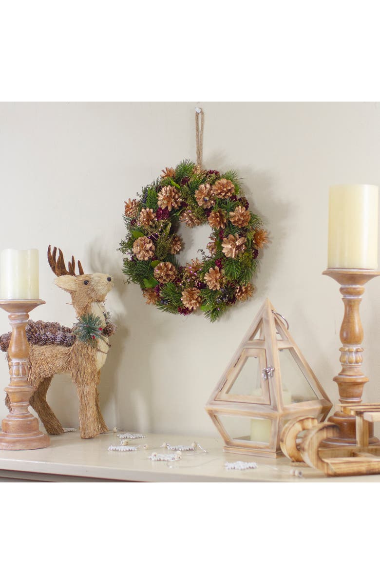 Northlight 12" Green, Gold, and Red Glitter Pinecones Christmas Wreath, Alternate, color, Gold