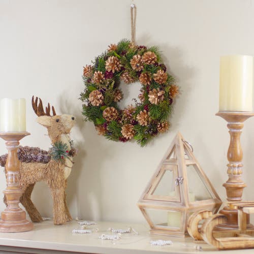 Northlight 12" Green, Gold, And Red Glitter Pinecones Christmas Wreath In Green