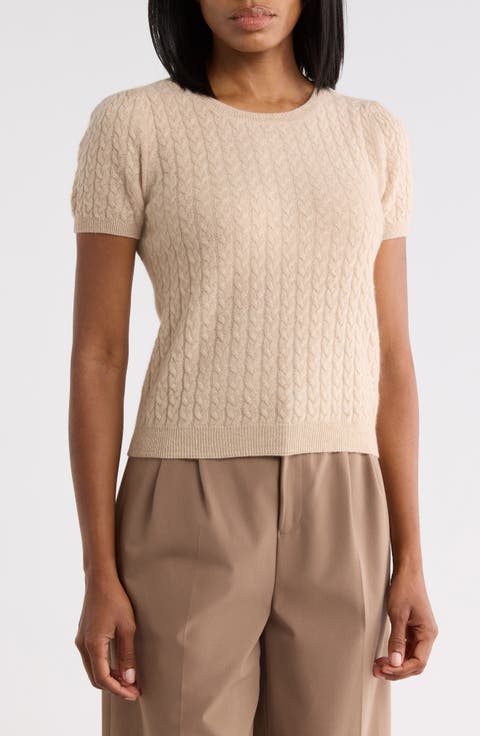 Cable Knit Puff Sleeve Cashmere Sweater