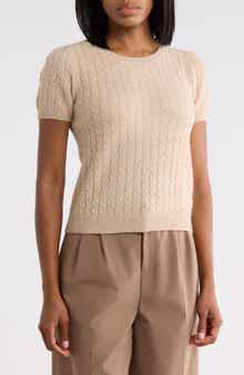 Cable Knit Puff Sleeve Cashmere Sweater