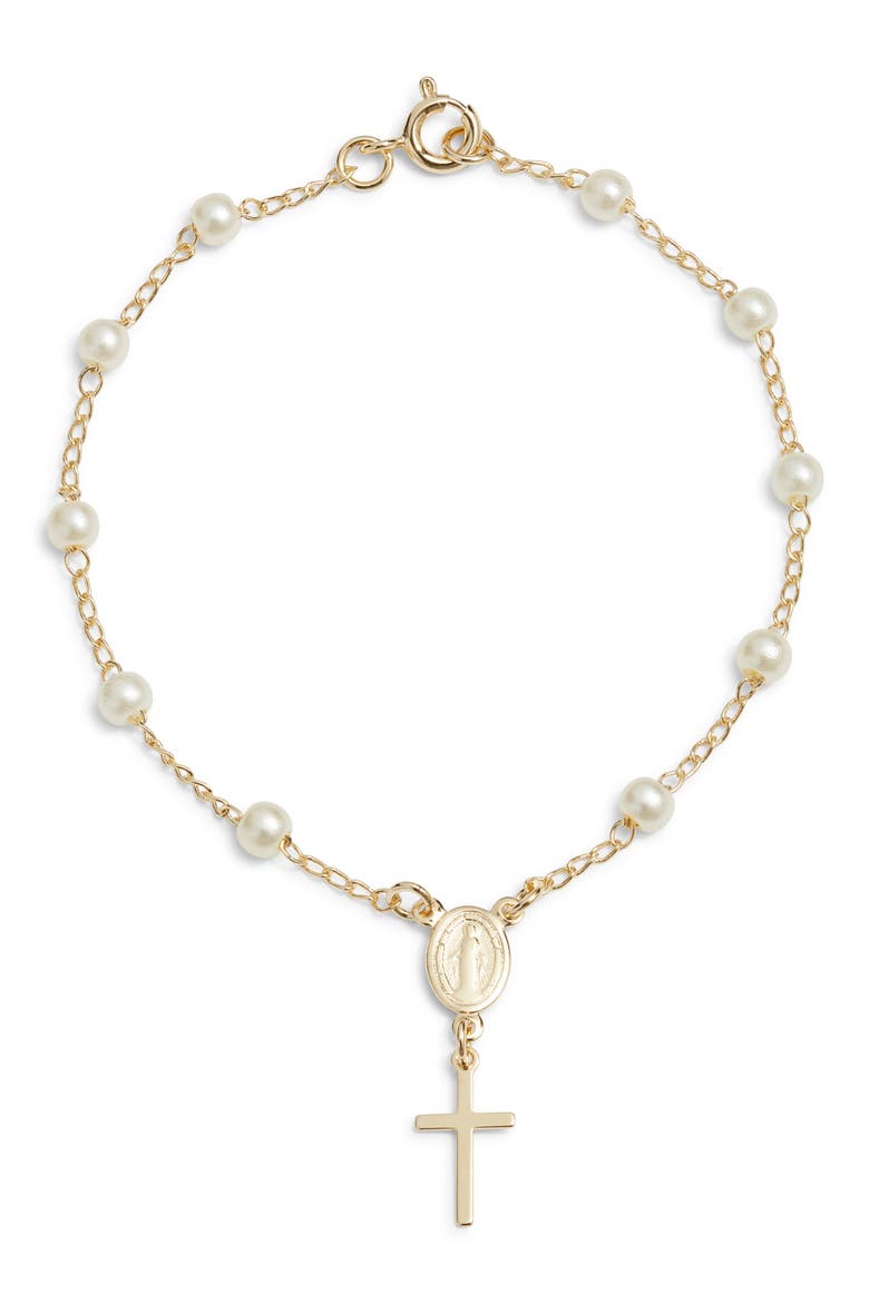 Holy Rosary Faux Pearl Bracelet, Main, color, GOLD