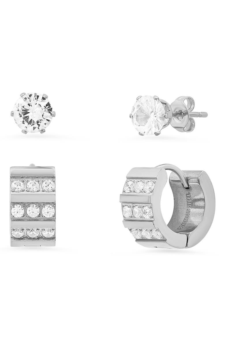 HMY JEWELRY Stainless Steel Cubic Zirconia 14mm Huggie Earring - Set of 2, Main, color,