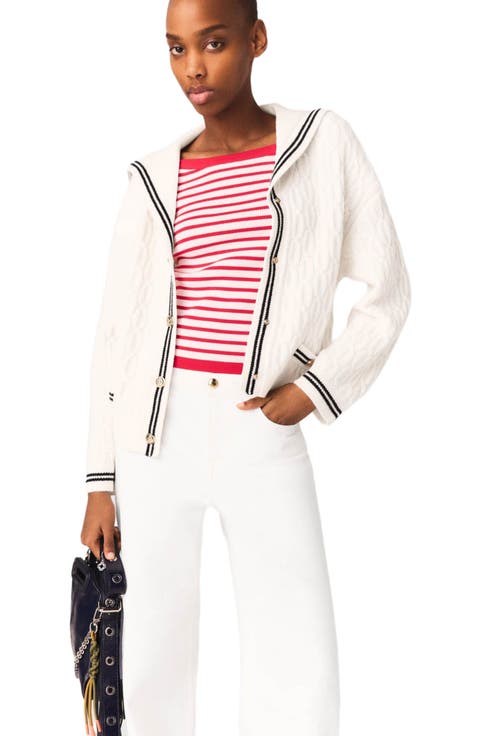 Boat neck cable-knit cardigan