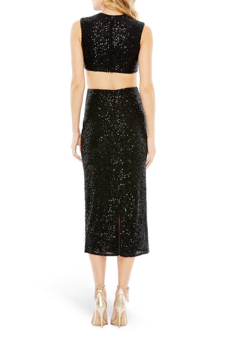 Sequin Front Twist Cutout Midi Cocktail Dress, Alternate, color, BLACK
