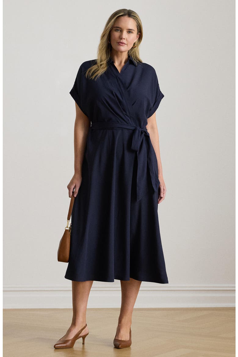 Wrap Bodice Crêpe de Chine Midi Dress, Alternate, color, LIGHTHOUSE NAVY BLUE