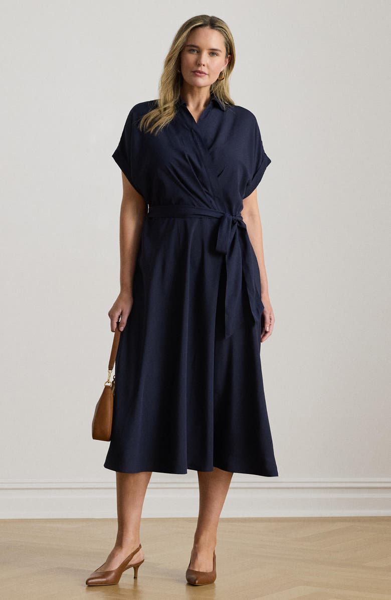 Lauren Ralph Lauren Wrap Bodice Crêpe de Chine Midi Dress, Alternate, color, Lighthouse Navy Blue