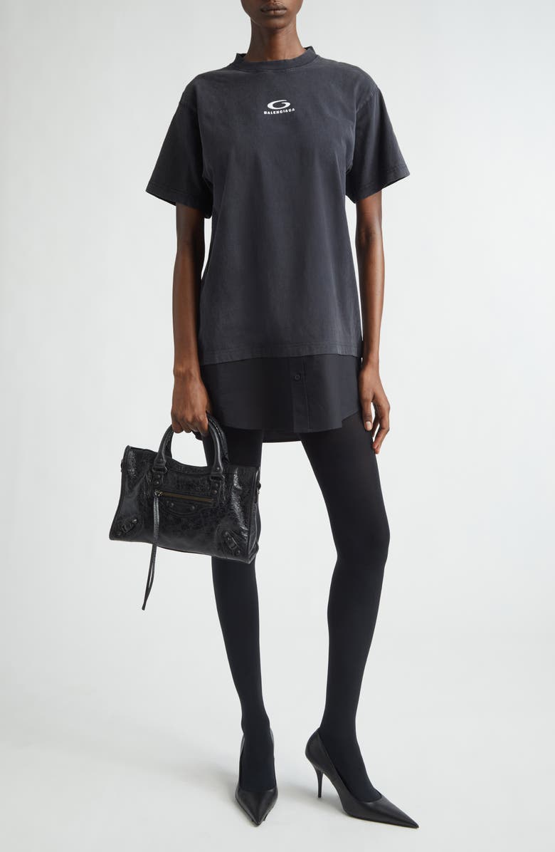 Balenciaga Hybrid Loop Sports Icon Logo Dry Jersey & Poplin T-Shirt Dress, Main, color, Faded Washed Black