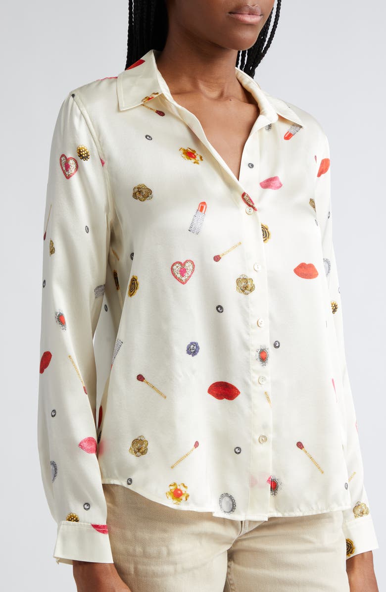 L'AGENCE Tyler Long Sleeve Silk Button-Up Shirt, Alternate, color, Champagne Multi Heart Jewel