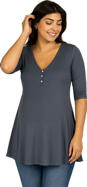 24seven Comfort Apparel Maternity Elbow Sleeve Tunic Top with Button Detail