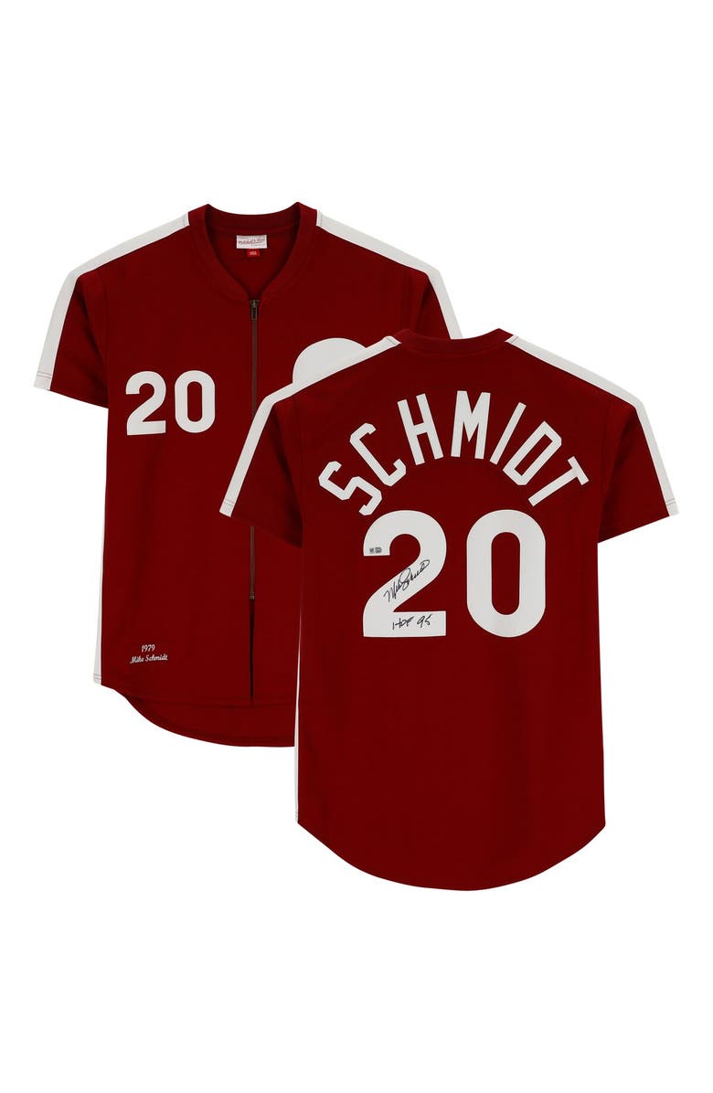 FANATICS AUTHENTIC Mike Schmidt Philadelphia Phillies Autographed Mitchell & Ness Authentic Maroon 1979 Jersey with "HOF 95" Inscription, Main, color, 