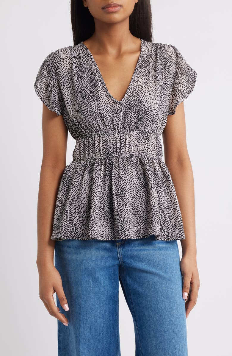 Loveappella Empire Waist Flutter Sleeve Top, Main, color, Ivory/ Black