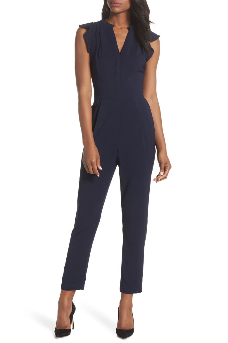 Sadie Ruffle Trim Jumpsuit, Main, color, NAVY