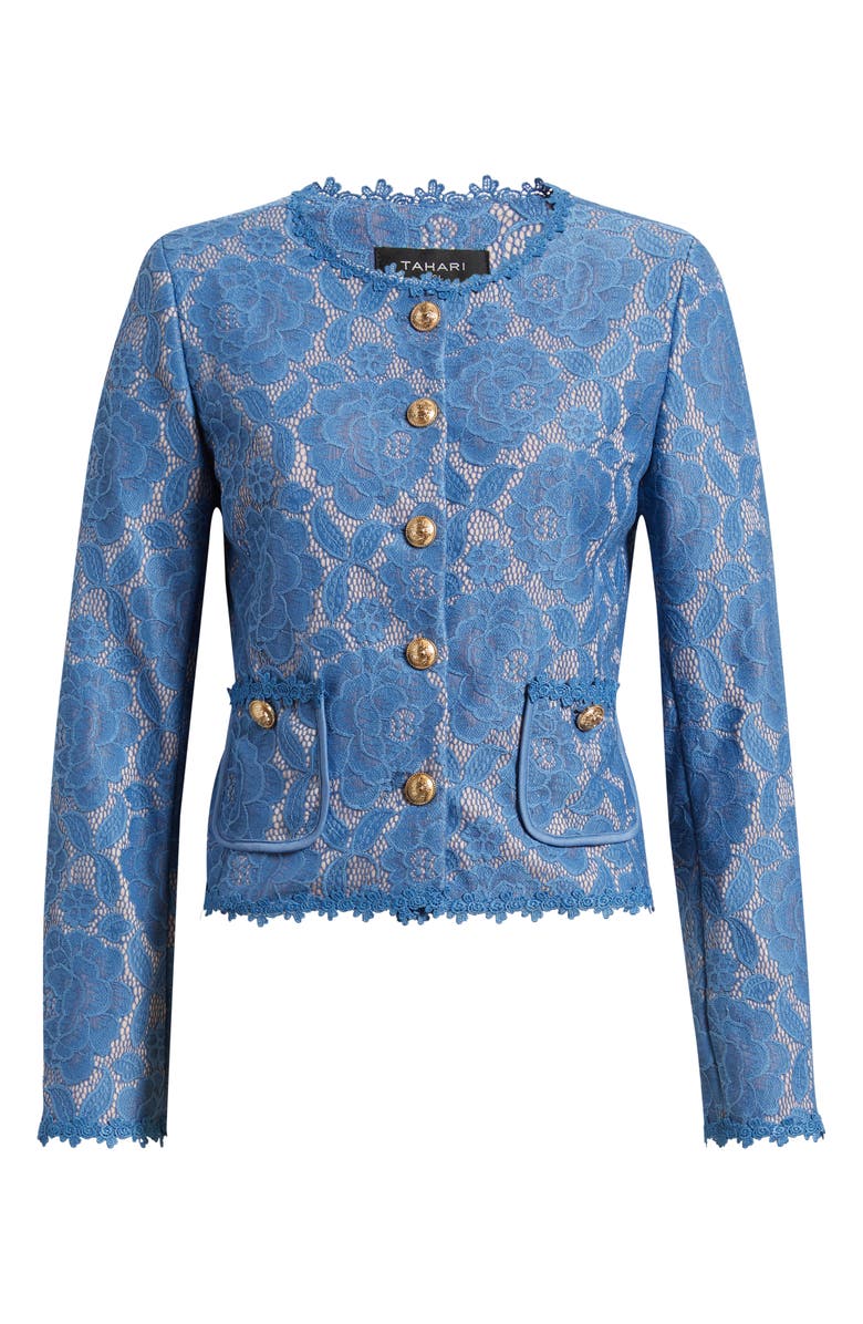 Tahari ASL Bonded Lace Jacket, Main, color, Blue Petal
