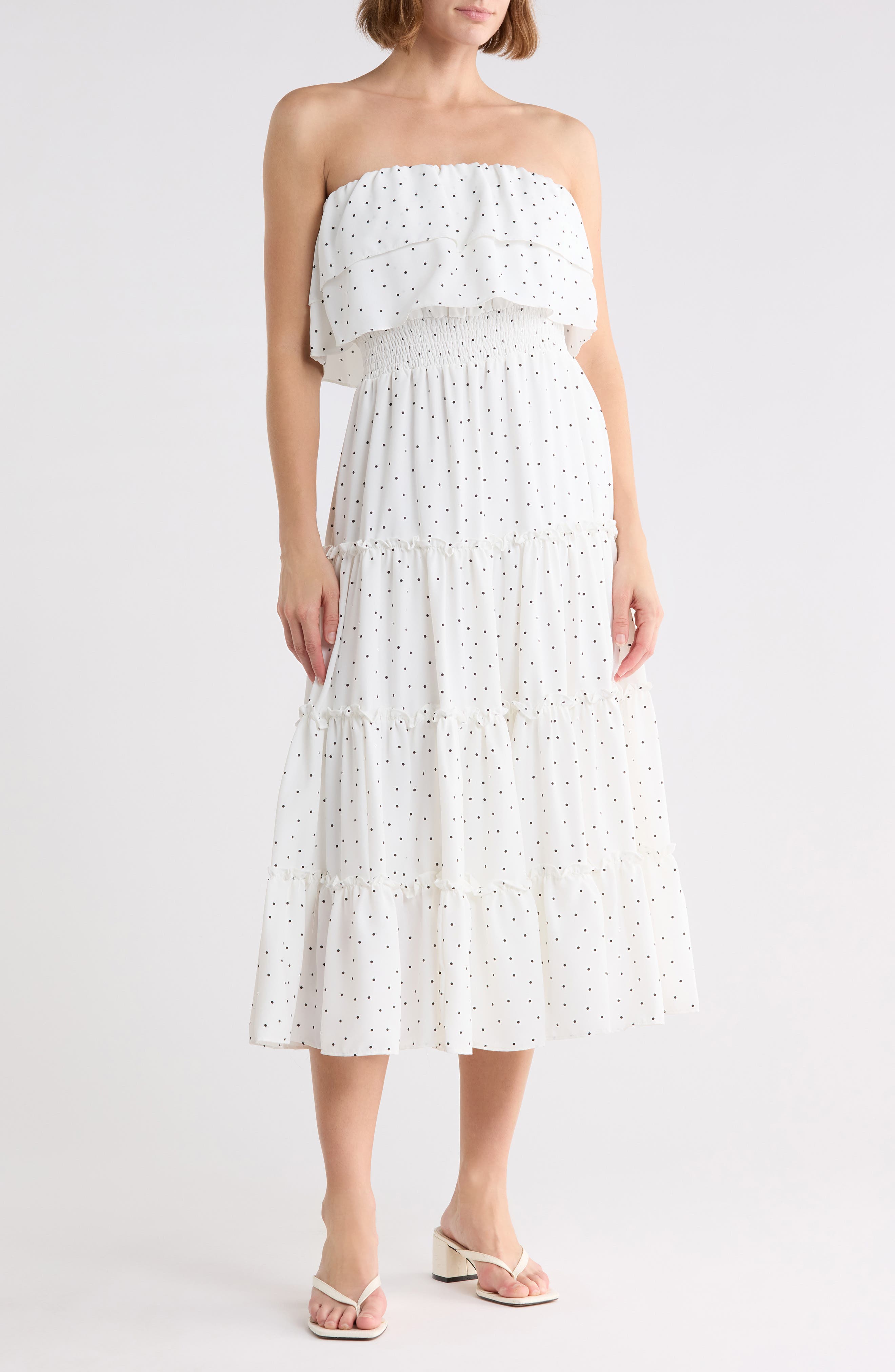 Strapless Smocked Waist Tiered Midi Dress