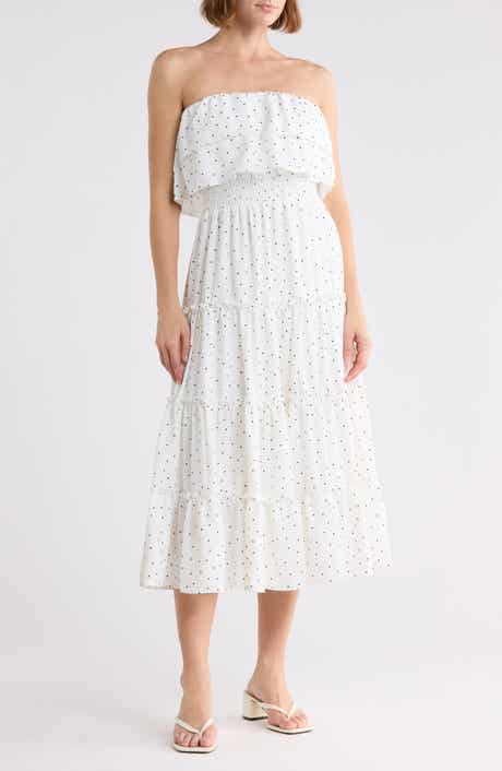 Strapless Smocked Waist Tiered Midi Dress