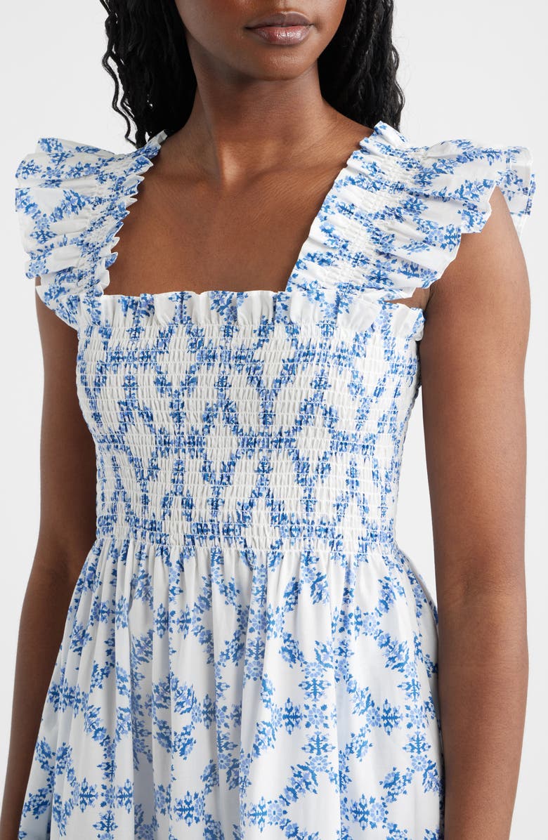 Hill House Home The Ellie Floral Flutter Sleeve Nap Midi Dress, Alternate, color, Marigold Block Blue