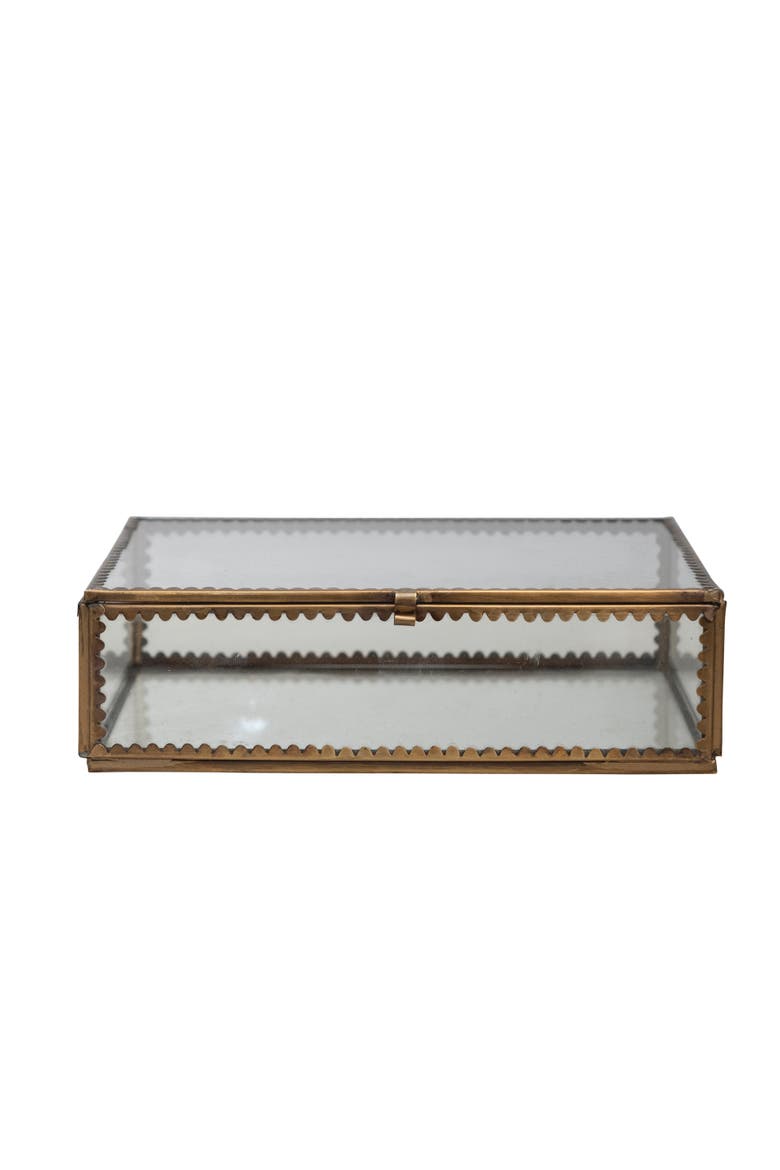Long Brass and Glass Display Box with Scalloped Edges and Antique Finish, Brass, Main, color, Brass