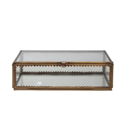 Long Brass and Glass Display Box with Scalloped Edges and Antique Finish, Brass