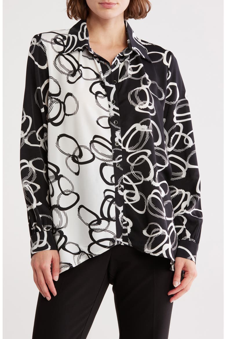 Oversize Colorblock Button-Up Shirt, Main, color, BLACK