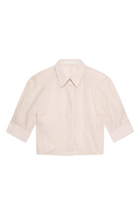 Semi-Sheer Stripe Button-Up Crop Top