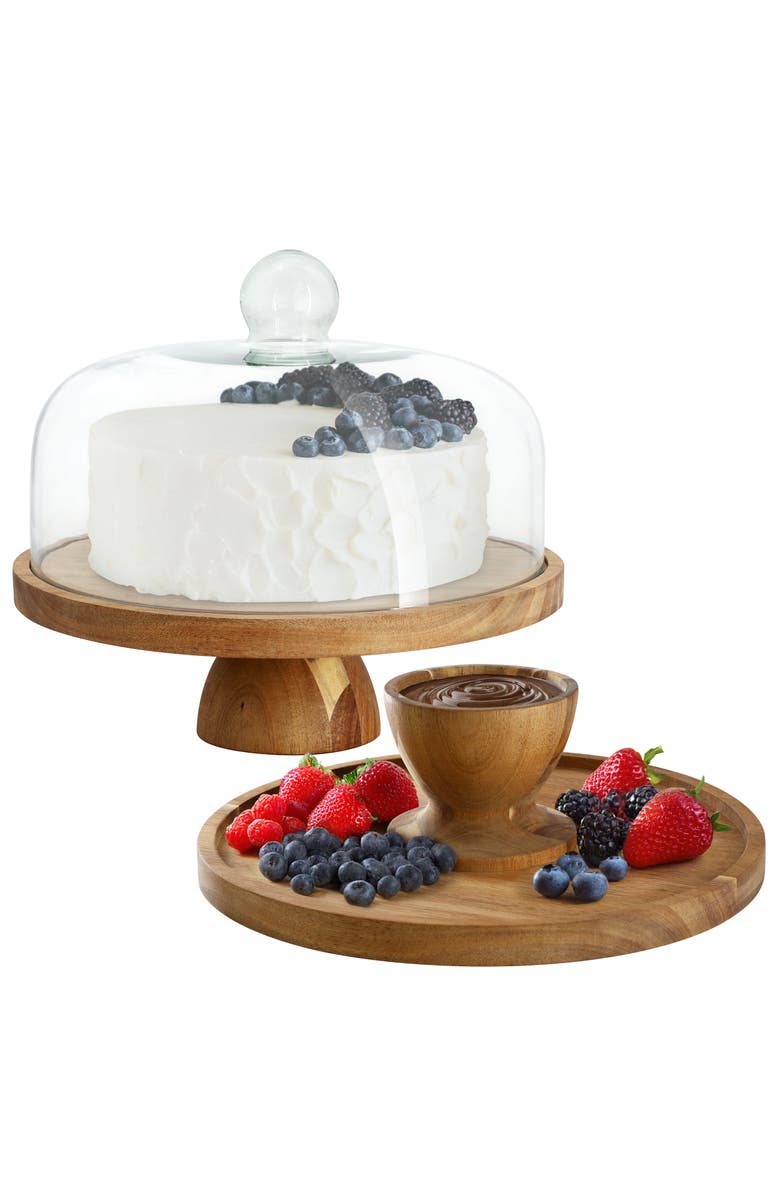 Megachef Acacia Wood Multi-Function Cake Stand with Glass Dome Lid, Alternate, color, Acacia