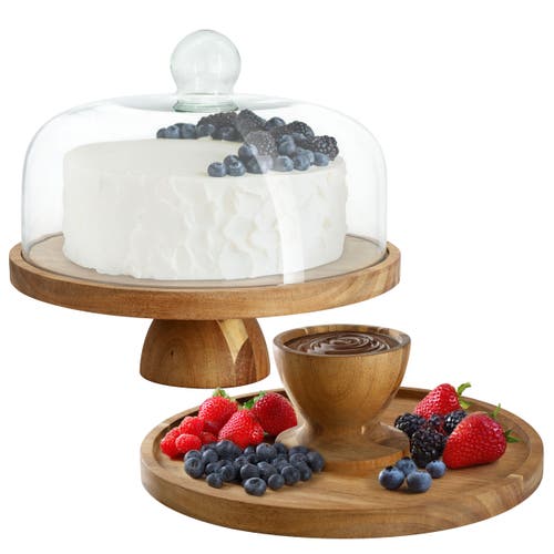 Megachef Acacia Wood Multi-function Cake Stand With Glass Dome Lid In Brown