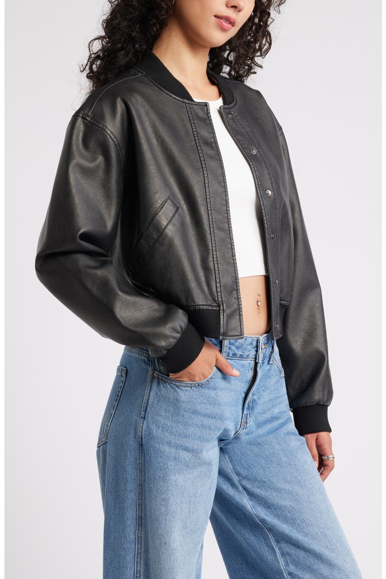 Faux Leather Bomber Jacket, Alternate, color, BLACK