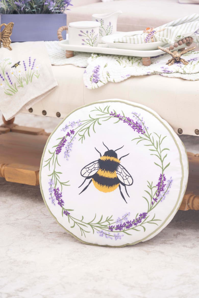 Lavender Bee Wreath Round Cotton Blend Spring Accent Throw Pillow 16", Alternate, color, Yellow
