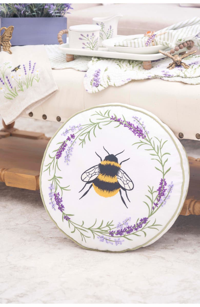 C&F Home Lavender Bee Wreath Round Embroidered Throw Pillow, 16" x 16", Alternate, color, Yellow