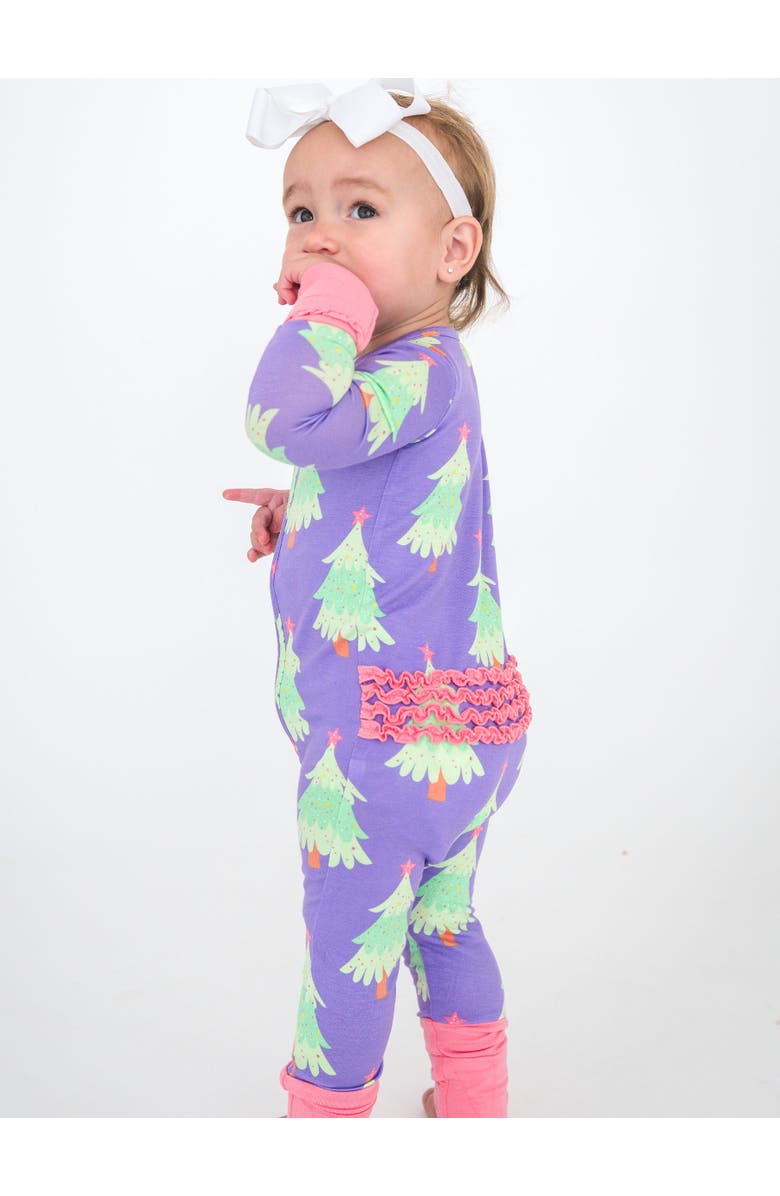 RuffleButts Baby Girls SoftSnooze Convertible Ruffle One Piece Pajama, Alternate, color, Purple Twinkling Trees