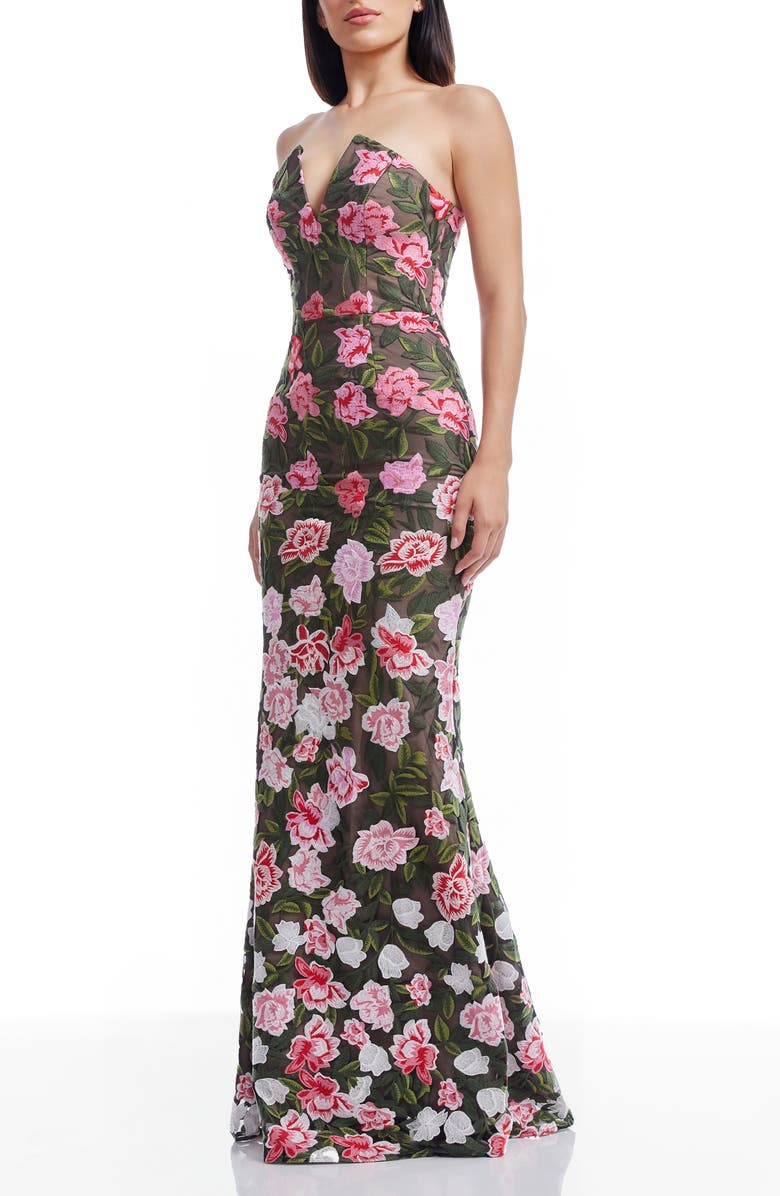 Dress the Population Fernanda Embroidered Floral Strapless Gown, Alternate, color, Pink Rose Multi
