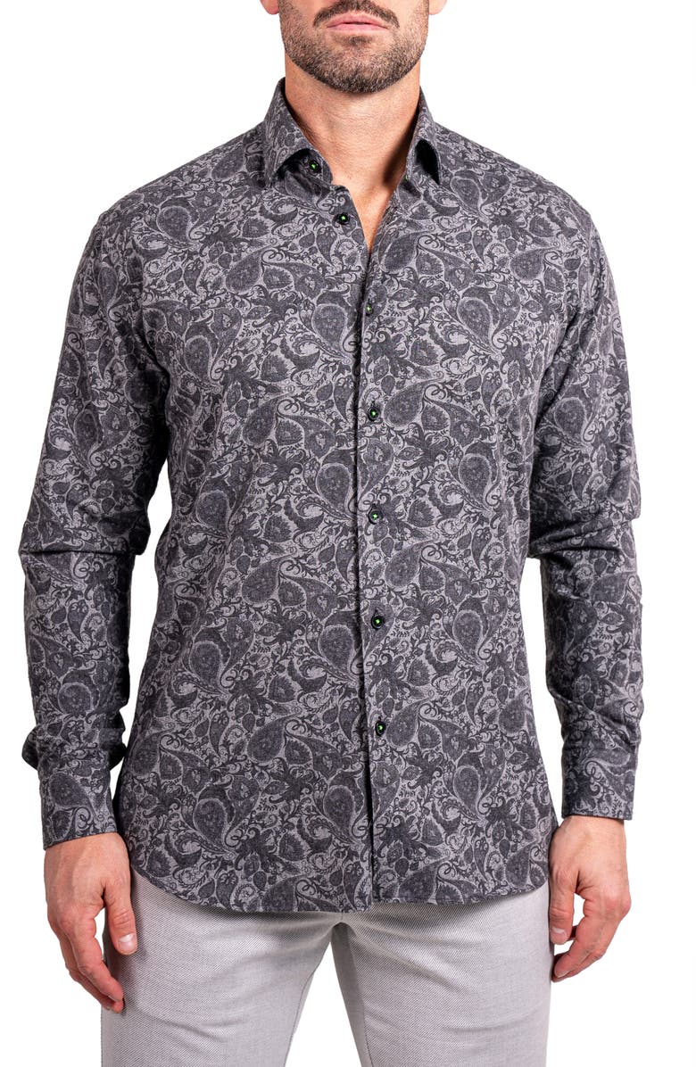 Maceoo Fibonacci Ascension 0252 Paisley Contemporary Fit Button-Up Shirt, Main, color, Grey