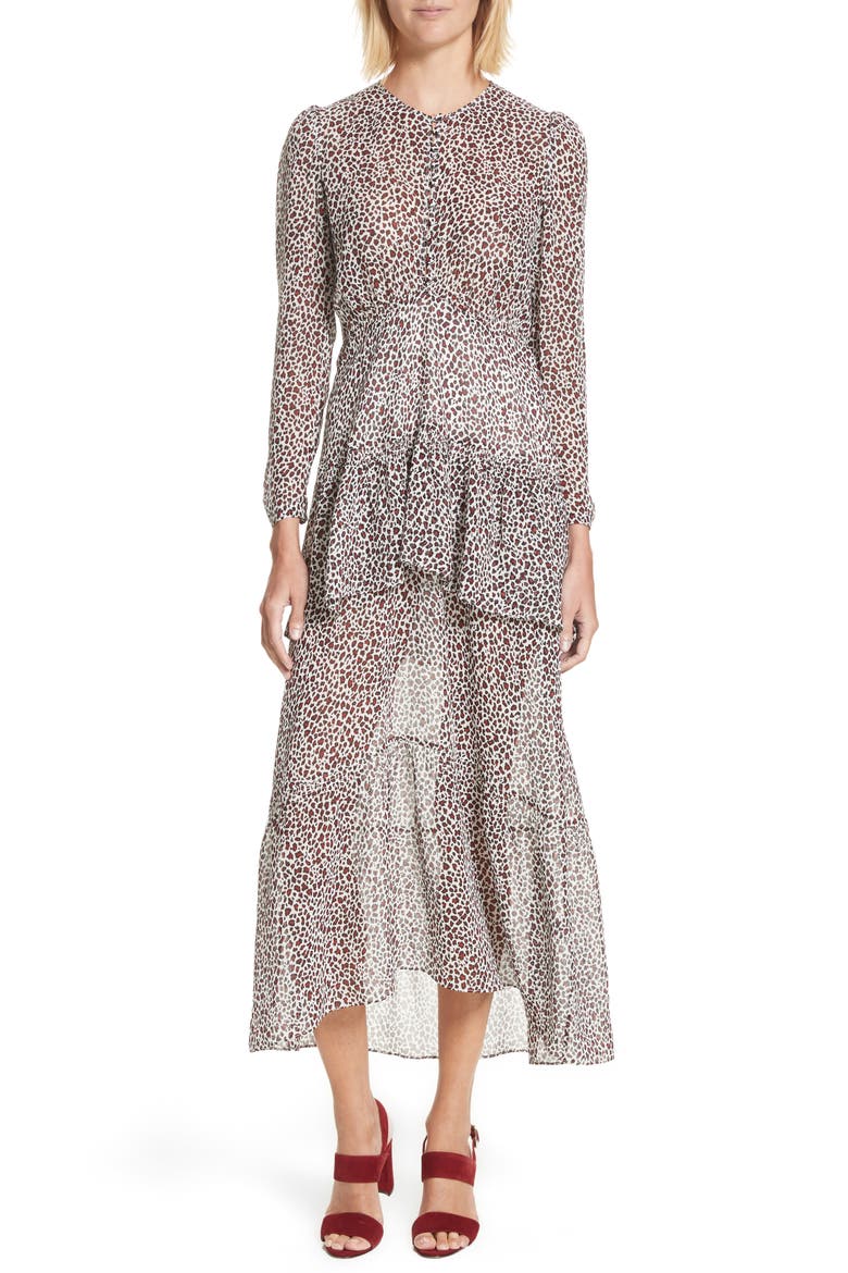 Zandra Leopard Print Silk Midi Dress, Main, color, EGGSHELL/ RED/ BLACK