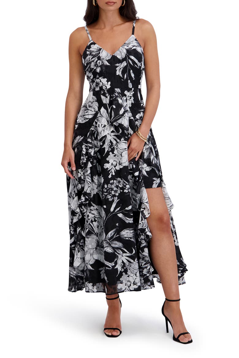 Burnout Chiffon Midi Dress, Main, color, BLACK/ WHITE