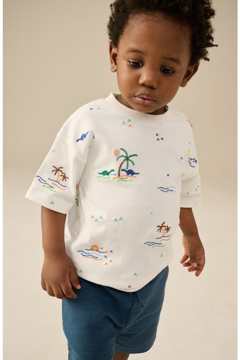 Kids' Dinosaur Embroidered Cotton T-Shirt, Alternate, color, WHITE