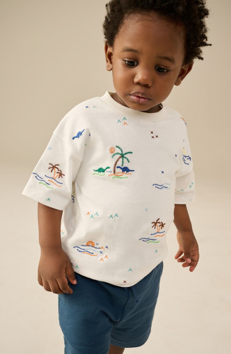 NEXT Kids' Dinosaur Embroidered Cotton T-Shirt, Alternate, color, White
