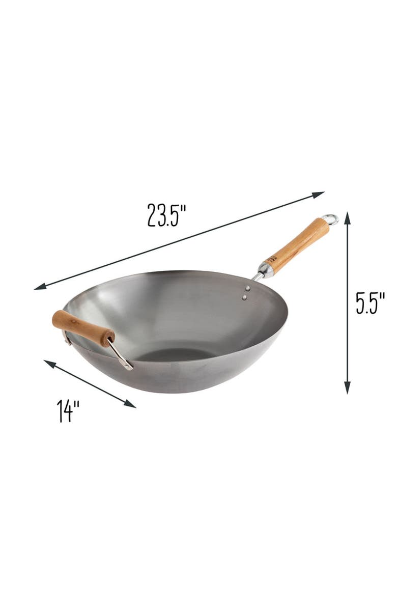 JOYCE CHEN Uncoated Carbon Steel Flat Bottom Wok with Birch Handles, 14-Inch, Alternate, color, Metallic Silver