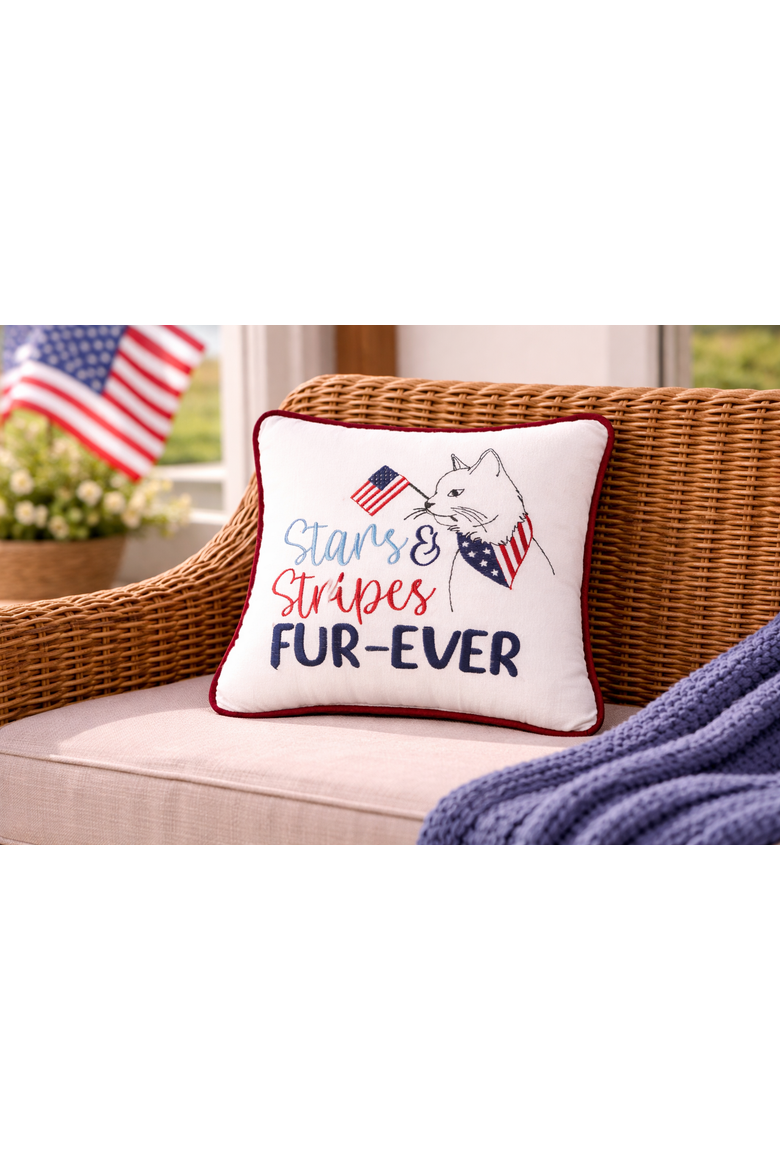 Patriotic Stars & Stripes Fur-Ever Cat Mini Embroidered Accent Pillow, 10" x 10", Alternate, color, White