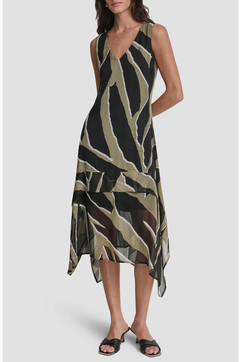 Crinkle Chiffon Handkerchief Hem Midi Dress, Main, color, JUNGLE BLOCK