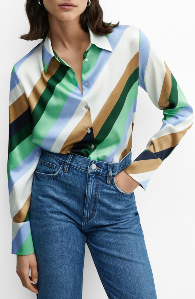 MANGO Verdi Stripe Satin Button-Up Shirt, Main, color, 