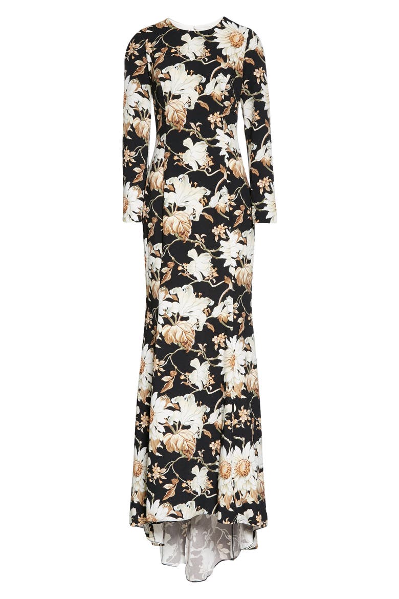 Flower & Vine Print Crepe Gown, Alternate, color, BLACK