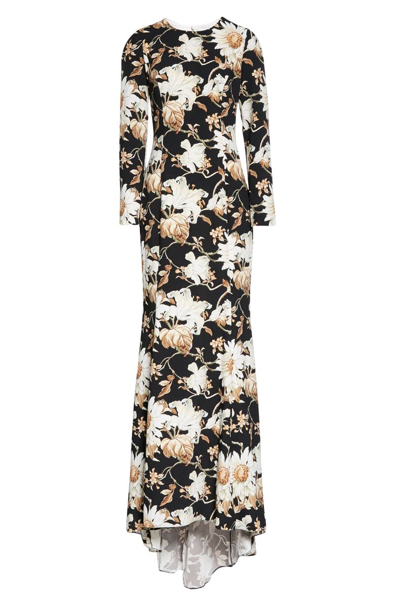 Oscar de la Renta Flower & Vine Print Crepe Gown, Alternate, color, 