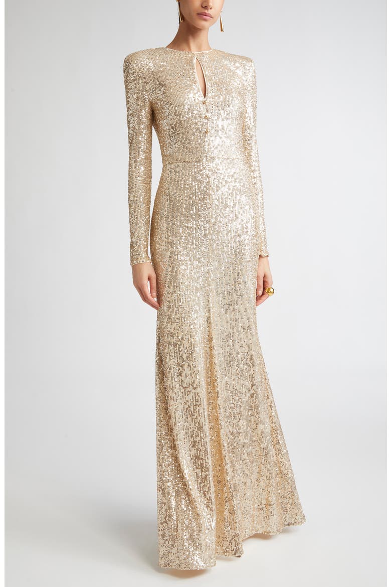 Long Sleeve Sequin Stretch Knit Gown, Main, color, ECRU/ GOLD