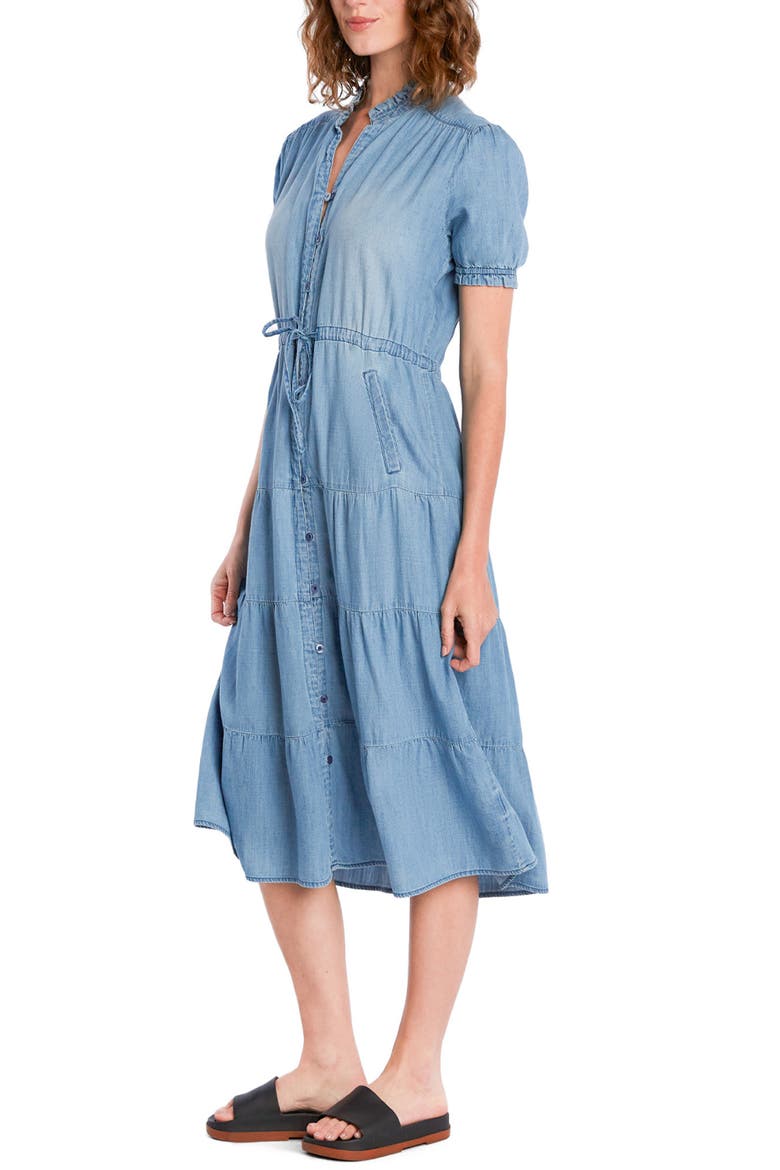 Tie Waist Tiered Chambray Midi Dress, Alternate, color, DENIM