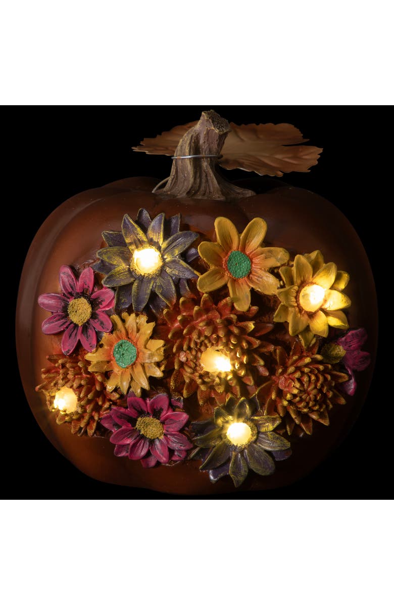 Northlight Solar Powered Floral Pumpkin Outdoor Fall Harvest Decoration - 7.25", Alternate, color, Brown