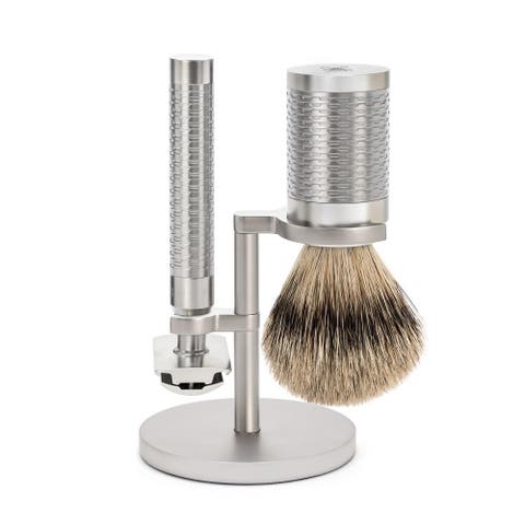 Rocca Silver Matt Stainless Steel 3-Piece Silvertip Badger & Safety Razor Shaving Set