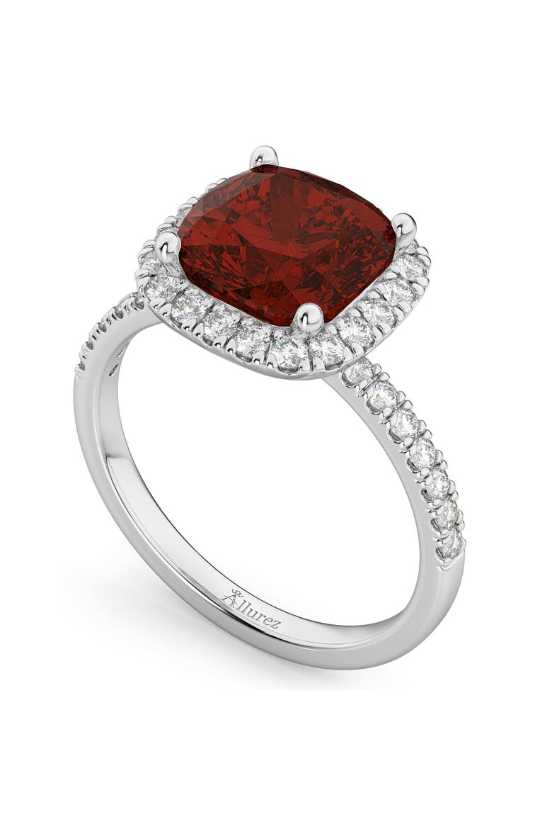 Cushion Cut Halo Garnet & Diamond Engagement Ring 14k, Alternate, color, 3.11ct/White Gold