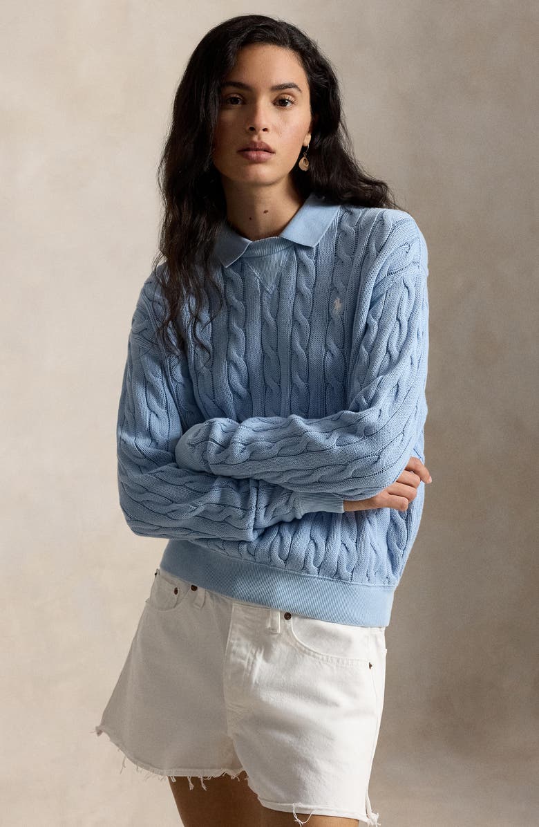 Polo Ralph Lauren Layered Collar Cable Stitch Cotton Sweater, Alternate, color, Blue